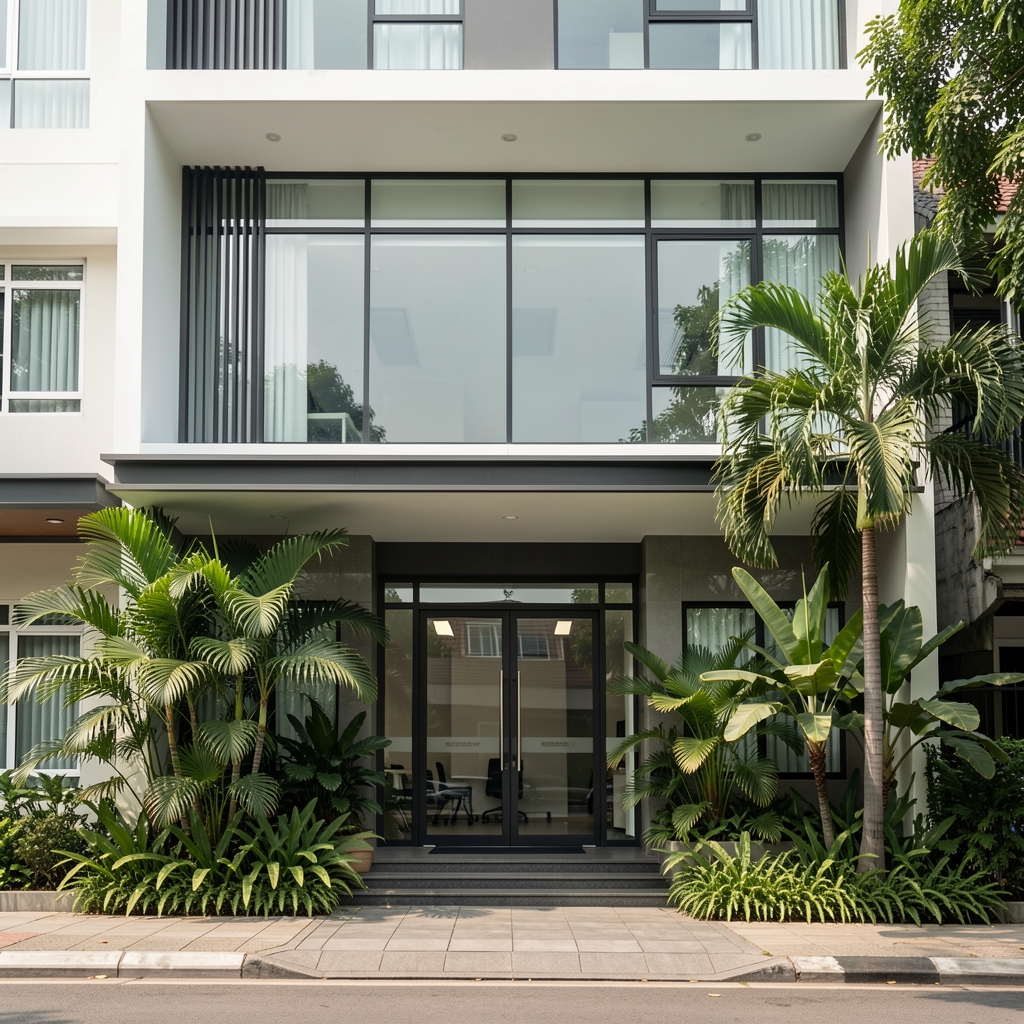 Modest modern office building facade in Menteng, Central Jakarta, with tropical plants near the entrance