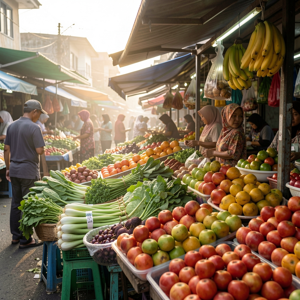 Fresh vegetables and fruit displayed at a local Jakarta wet market stall in the early morning