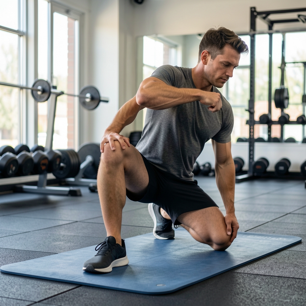 Man stretching his hip and shoulder joints during a structured warm-up routine on a gym mat before a training session