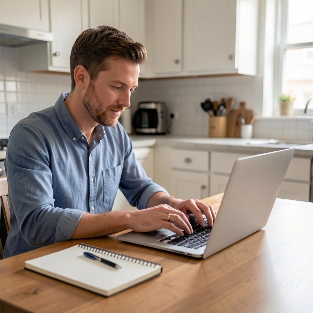 Man reading health articles on a laptop at a kitchen table with a notebook beside him