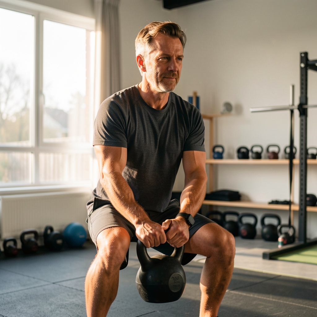 Man in his late forties doing a controlled kettlebell exercise in a home gym with morning light
