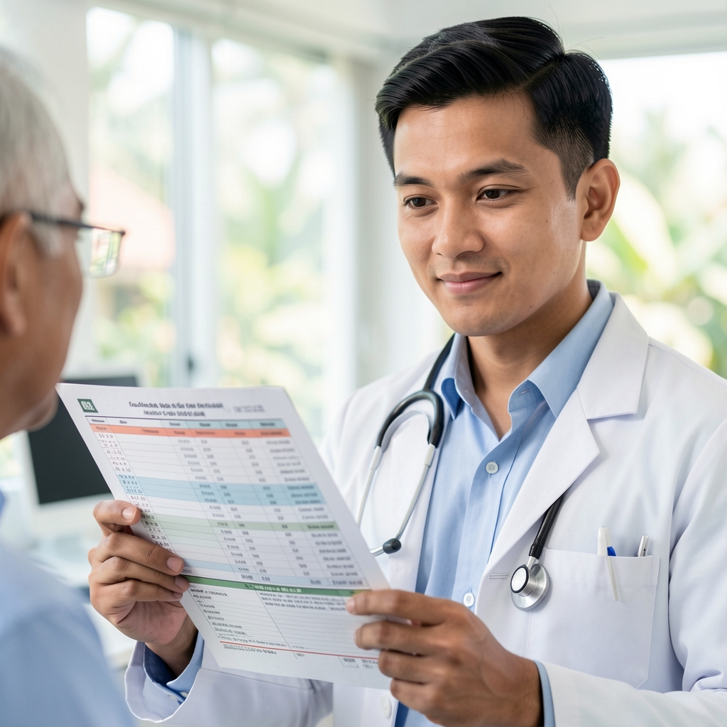 Close-up of a doctor reviewing a blood test results chart with a patient in a Jakarta clinic