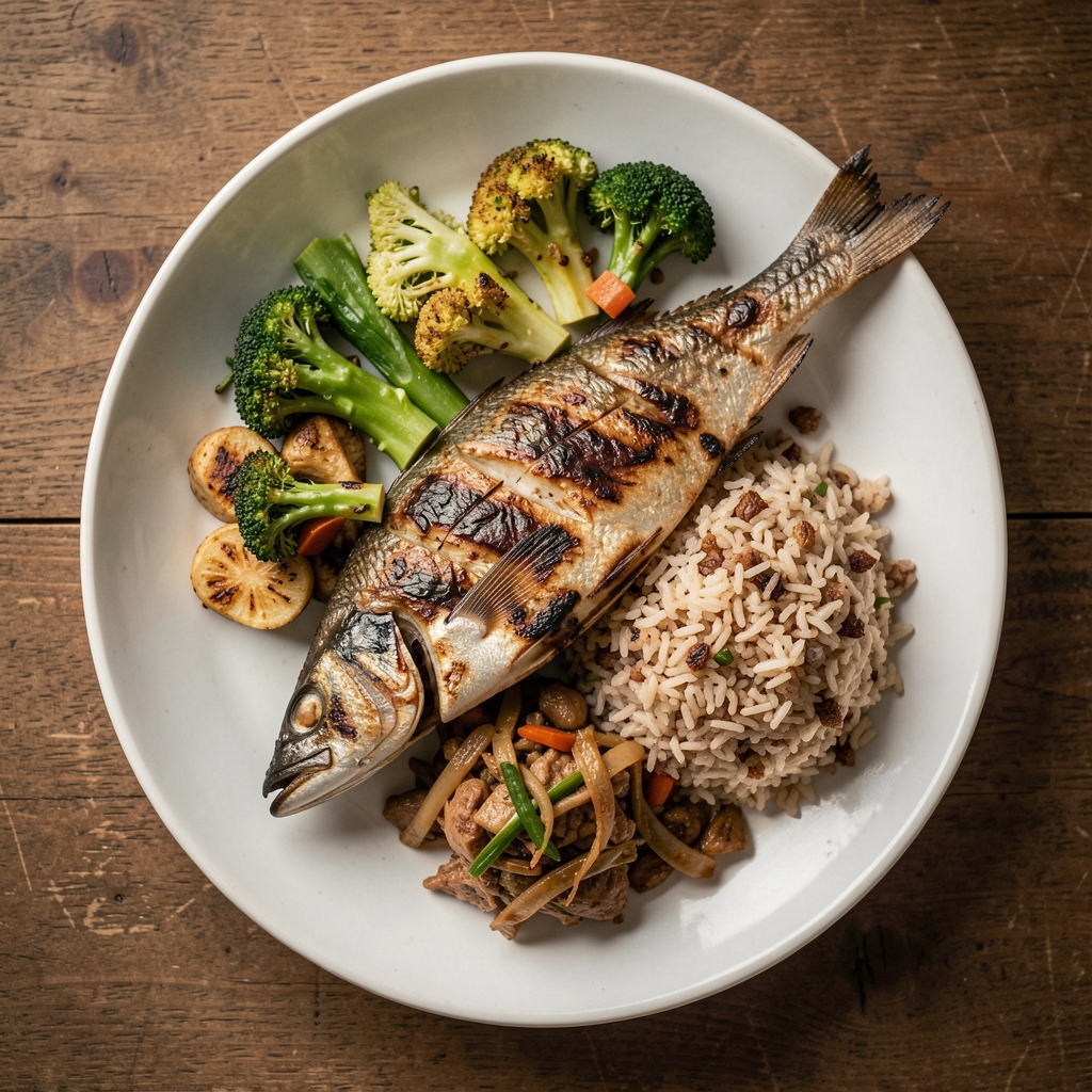 Overhead view of a home-cooked Indonesian meal with grilled fish, steamed vegetables and brown rice