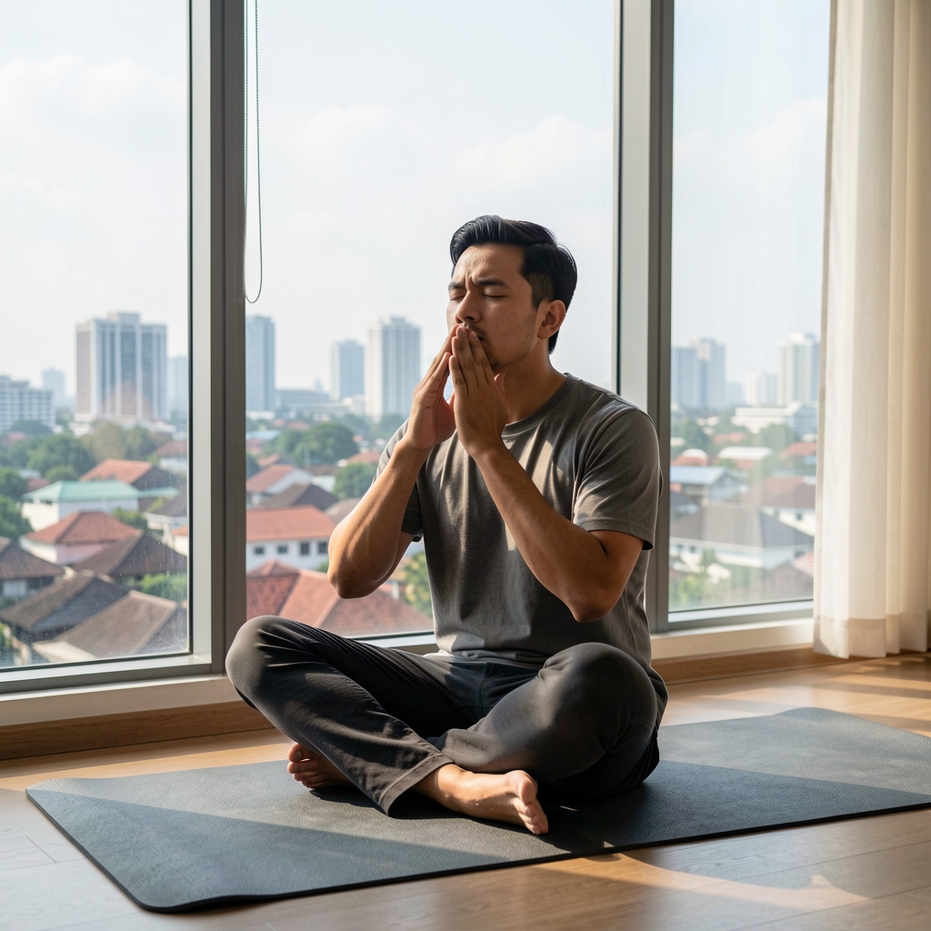 Man practicing quiet breathing exercises seated on a mat near a window overlooking Jakarta rooftops