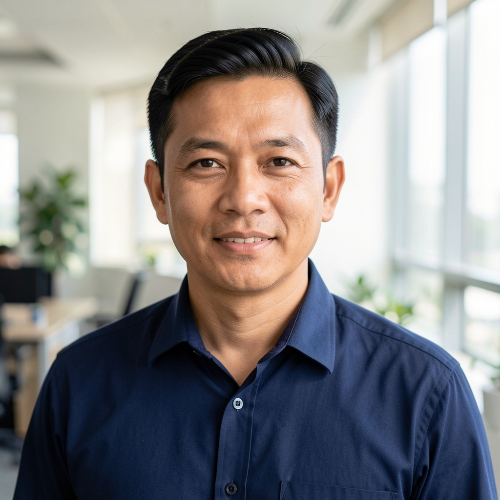 Portrait of Indonesian editorial director in his forties wearing a navy shirt in a bright office